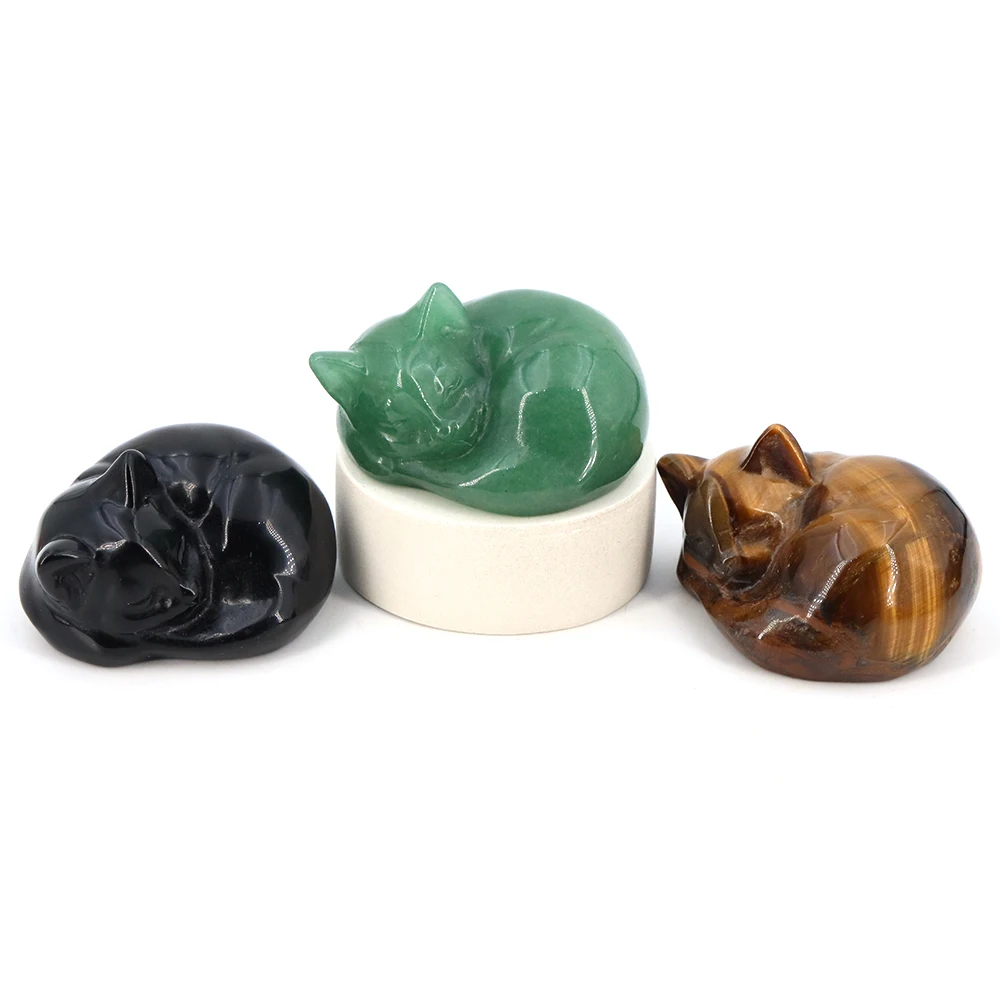 Natural Crystal Carved Sleeping Cat Statue Healing Gemstone Animal Figurine Crafts Chakra Ornament Home Decoration Children Gift