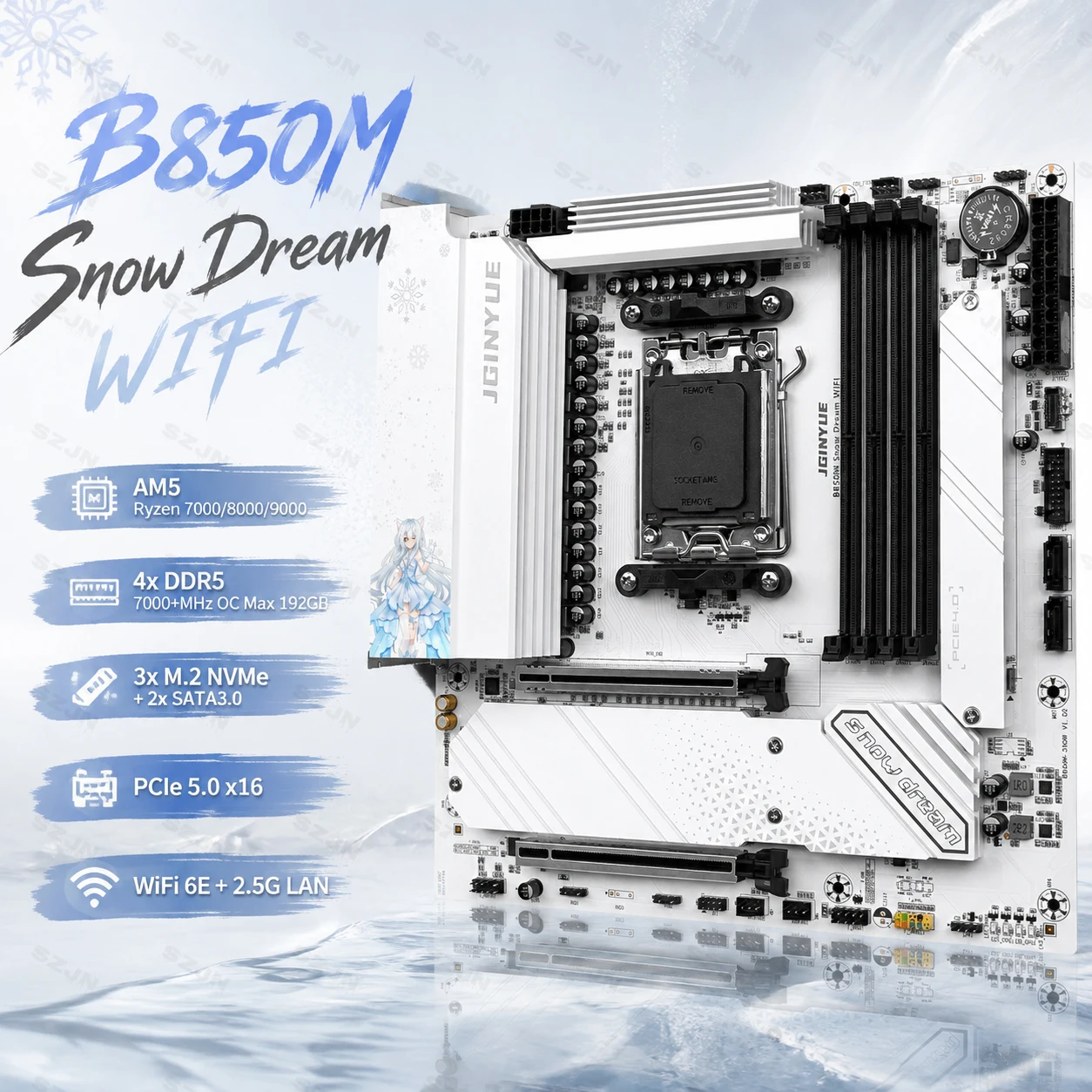 JGINYUE B850M Snow Dream WIFI DIY Kit AM5 Motherboard Ryzen 7 9700X CPU DDR5 192GB 3xM.2 NVMe PCIe 5.0 WiFi 6E 2.5G PC Combo