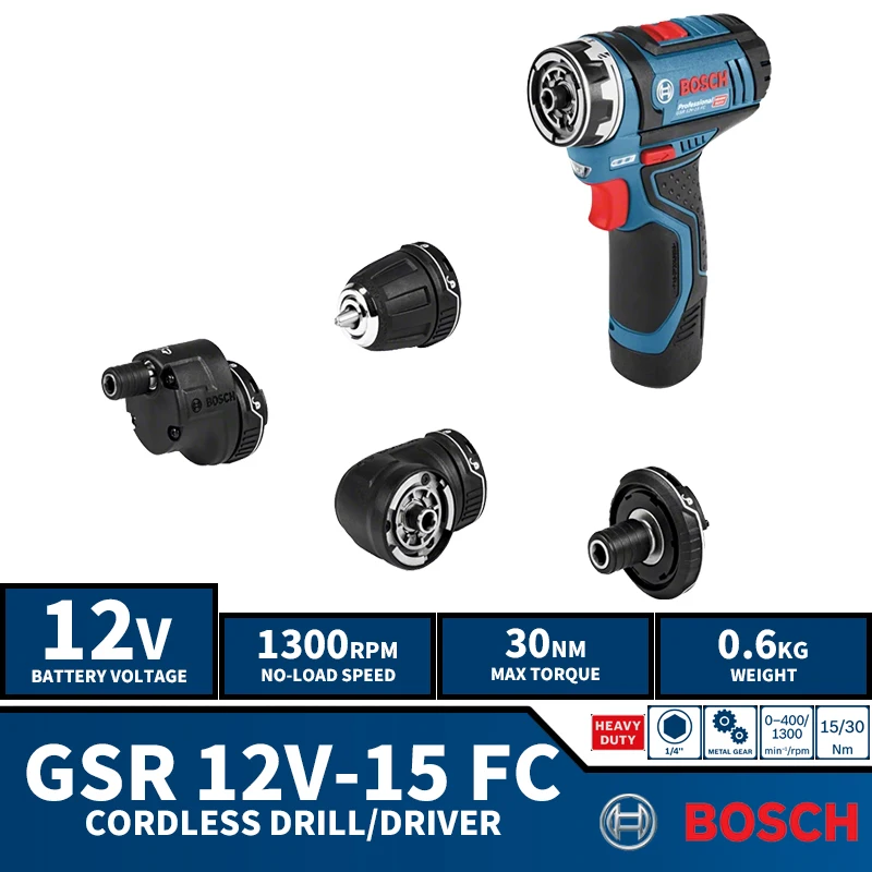 BOSCH GSR 12V-15 FC Cordless 4in1 Drill Driver Compact Multifunction 12V Lithium Battery Power Tools Home Diy 1300RPM 30NM