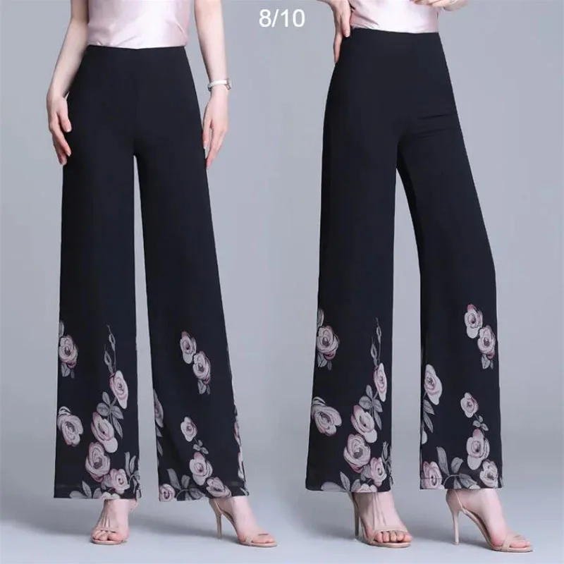 Double Printed Chiffon Wide-Leg Pants Middle-Aged Elderly Women Trousers 2023 New Summer Autumn Vertical Feeling    Casual Pants