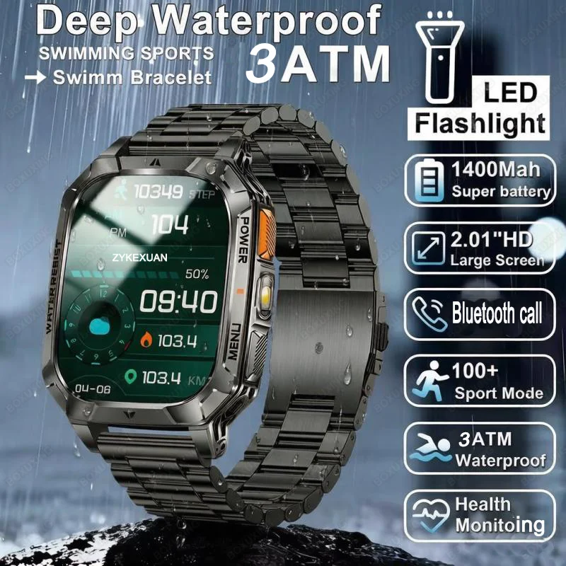 

2026 New 3ATM Waterproof HD Call Smartwatch Built-in 1400mAh Super Large Battery Men Smart Watch Outdoor GPS 2.01"AMOLED Screen