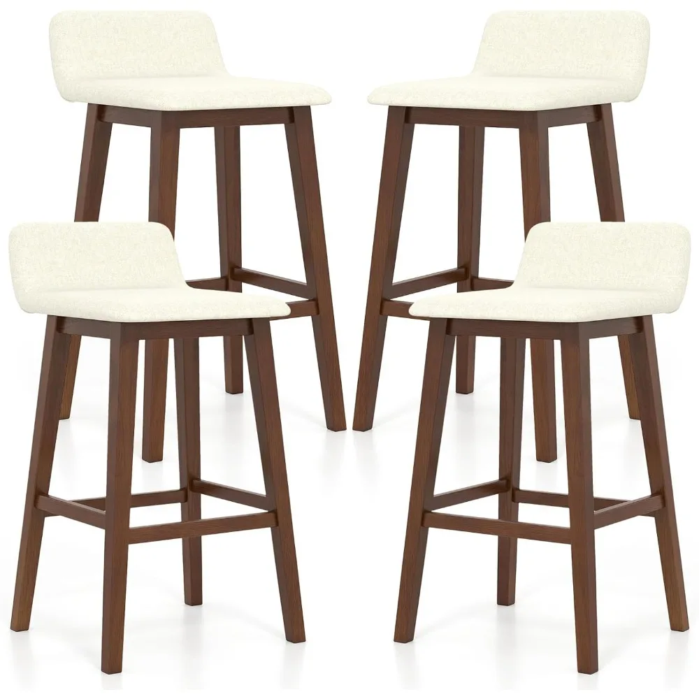 나무 바 스툴 4개 세트, 29인치 높이의 패딩 처리된 시트, 낮은 등받이, 발판, 고무나무 다리, 팔걸이 없는 바
