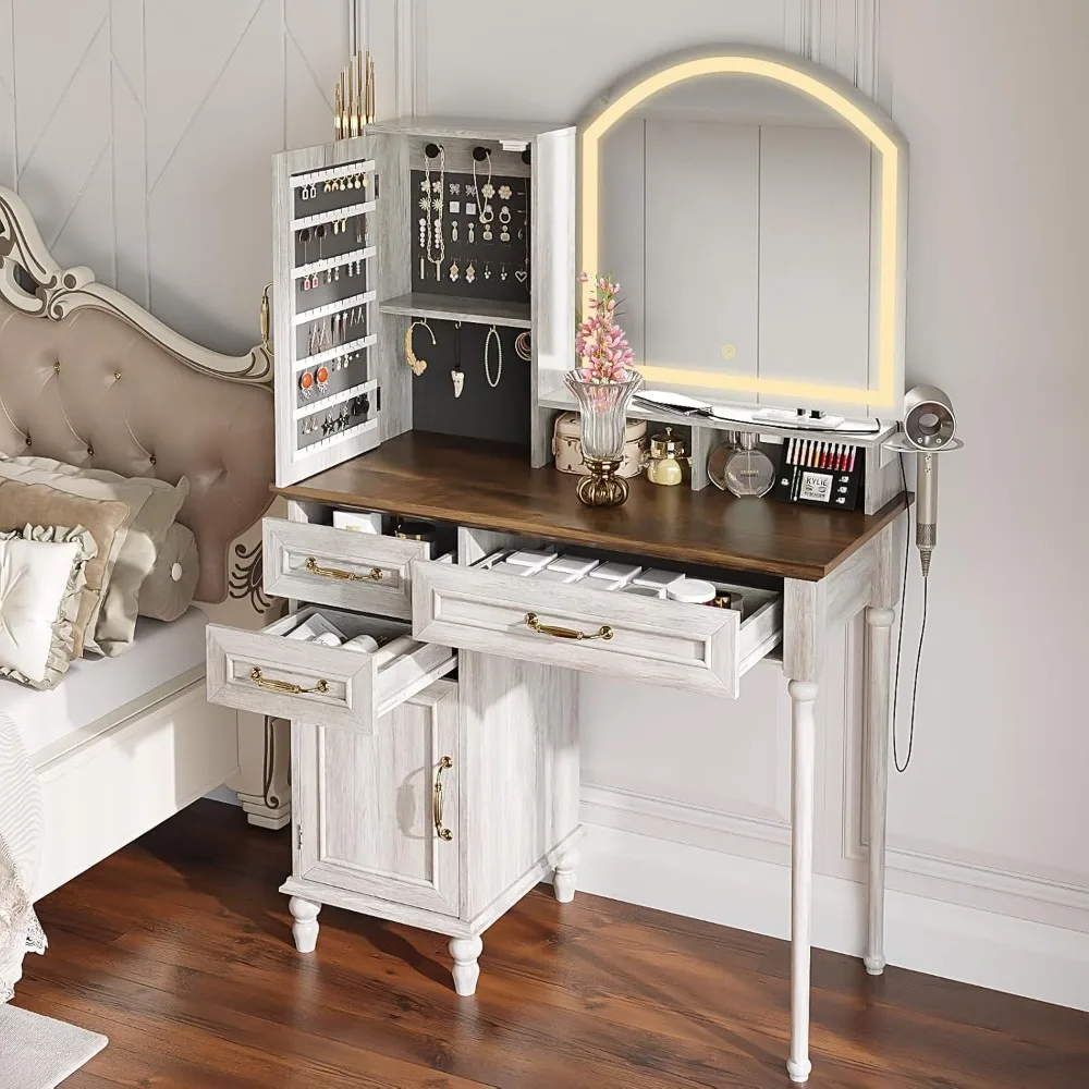 Desk with Mirror, Vintage Brown Makeup Vanity Table with Jewelry Storage and Charging Station for Bedroom