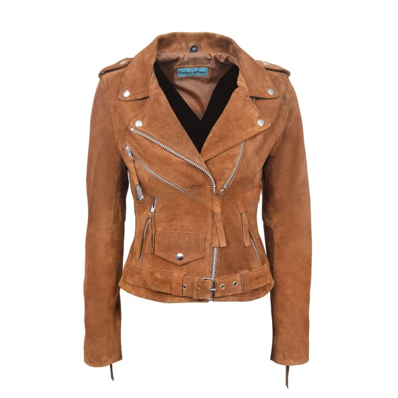 Handmade Women's Pure Genuine Suede Leather Jacket Tan Design Belted Biker Coat