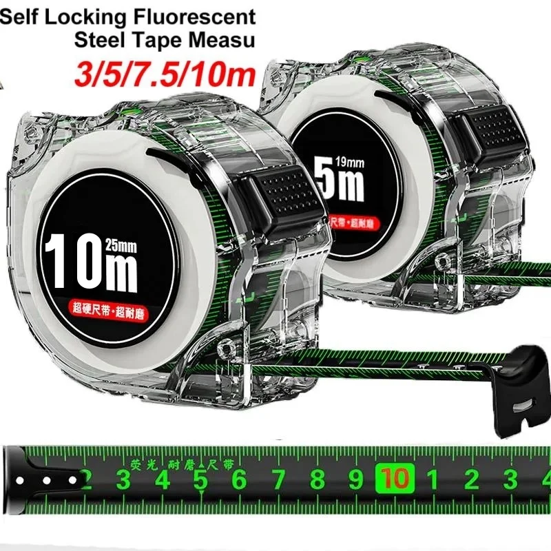 10M Black Fluorescent Tape Measure High Precision Steel Metric Tape Retractable Ruler Wear-resistant and Drop-proof Tape Measure