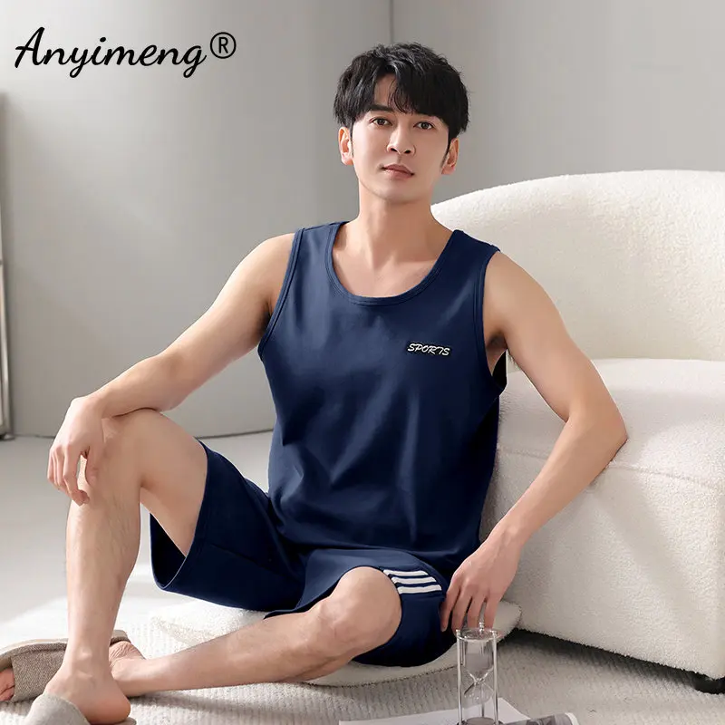 Plus Size 4XL 5XL 6XL 7XL Sleeveless Summer Pajamas Set Plain Men\'s Nightwear Knitted Cotton Homewear Vest Pijamas for Men