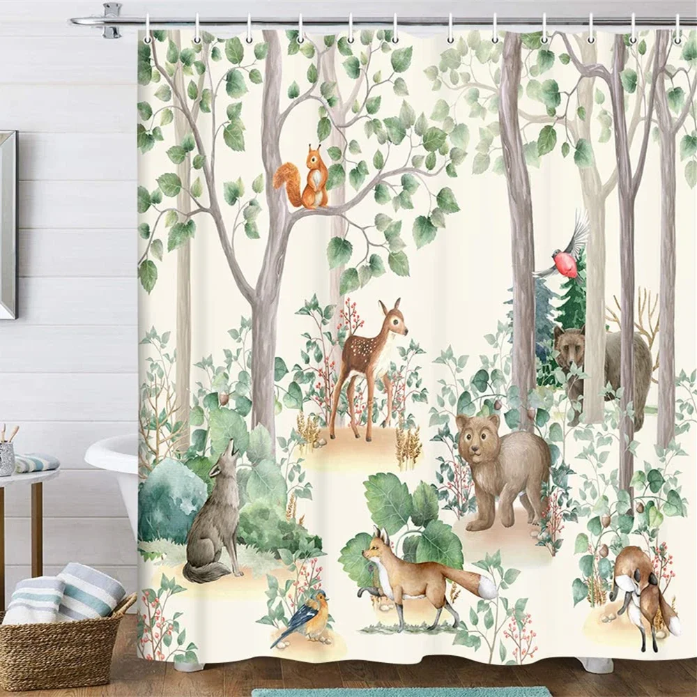 Woodland Shower Curtain,Country Lodge Cabin Forest Animal Bath Curtain Wild Animal Bear Deer Fox Wolf Set Hunting Shower Curtain