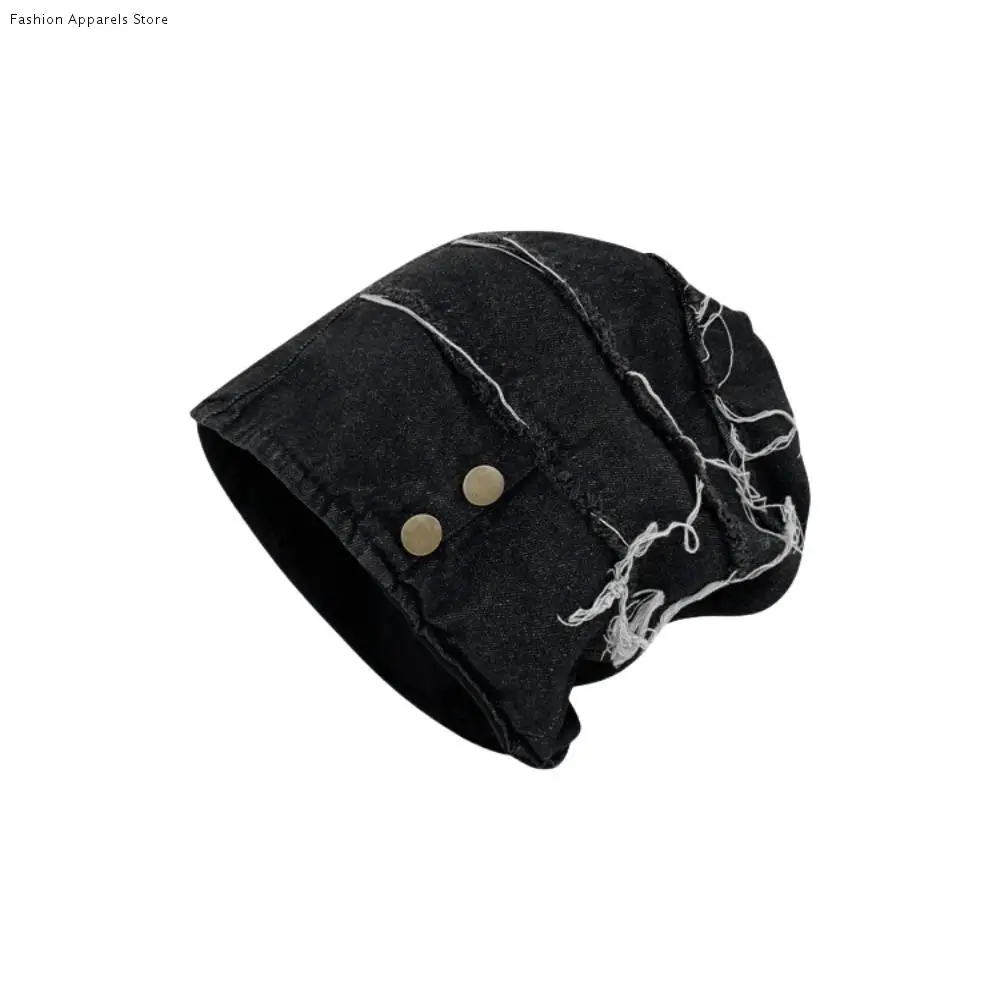 

Fashion Vintage Distress Denim Pullover Cap Korean Style Hip Hop Washed Denim Beanie Cool Button Loose Beret Streetwear