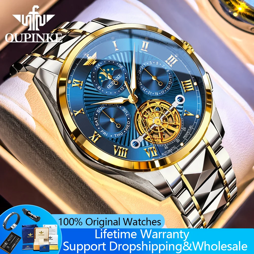 

Мужские часы OUPINKE 3322 Tourbillon, роскошные автоматические механические часы с фазами луны, календарем и корпусом из вольфрамовой стали, с ажурным циферблатом.