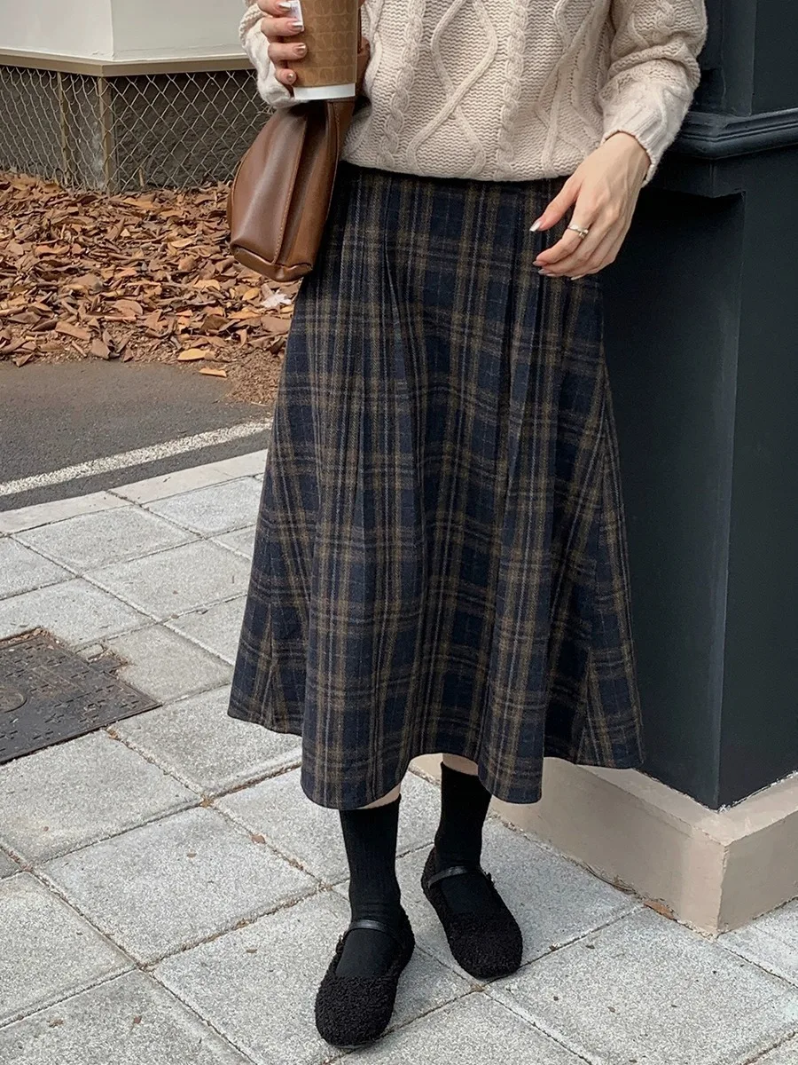 Retro Japanese Plaid Woolen Skirt Women's Umbrella Skirt Midi Plaid Pleated A-Line Long Skirt Slimming Effect High Waist Skirts