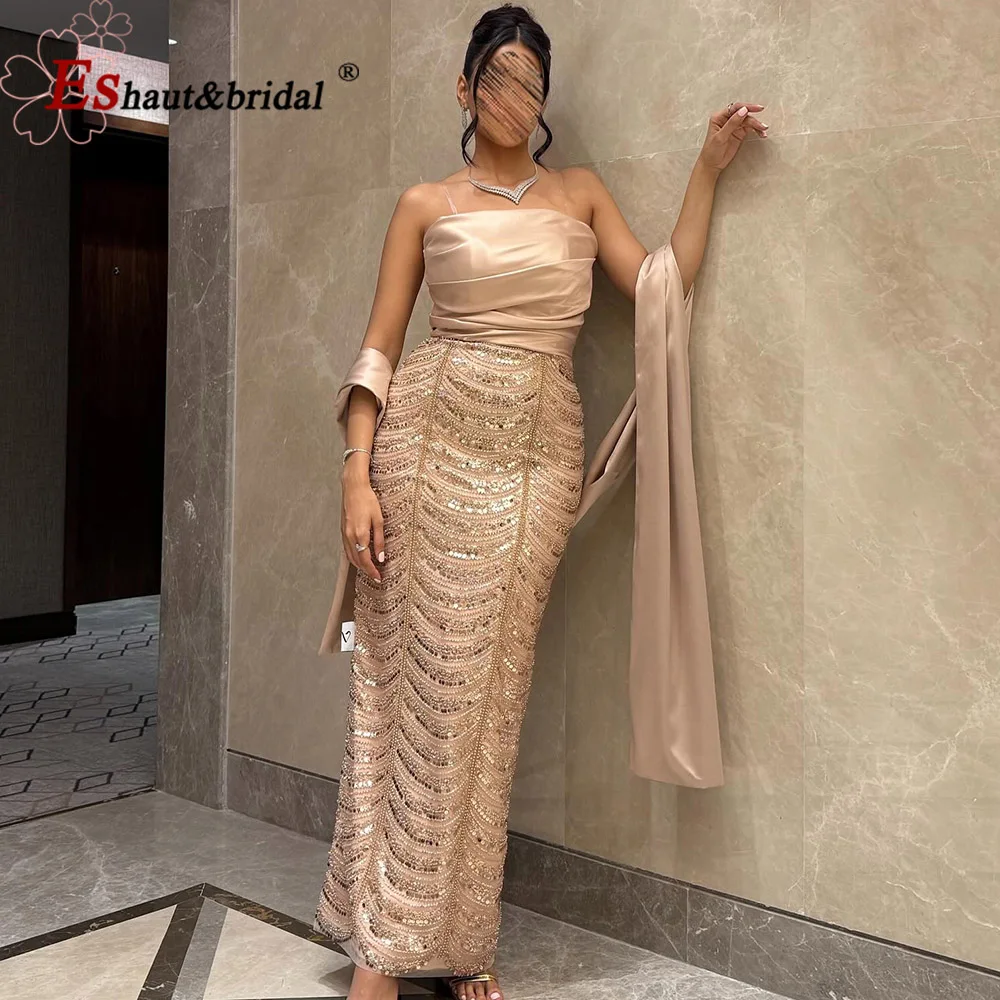 Eshaut & nupcial elegante vestido de noche de sirena de Arabia de Dubái con chal largo Formal vestido de fiesta de boda para graduación para mujer personalizado