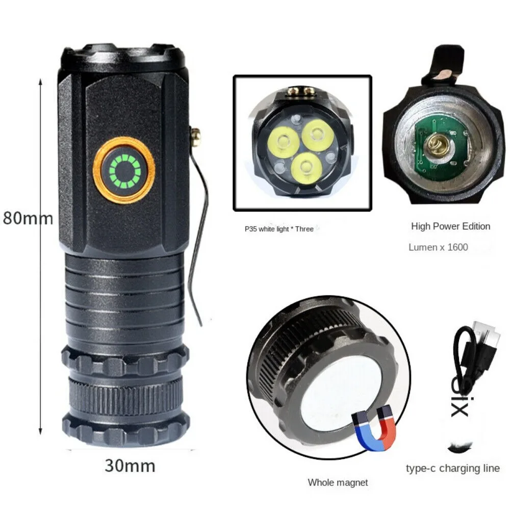 1/2pcs Mini Handheld Torch Flashlight USB Rechargeable LED Light Waterproof with Cap Clip for Outdoor Hiking Camping