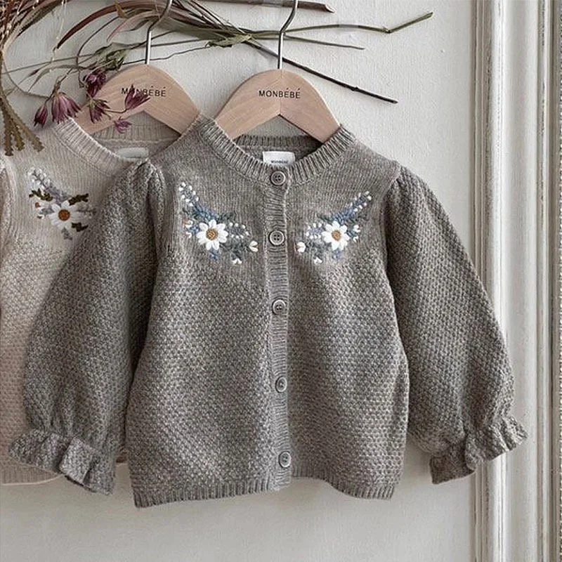 Autumn New Children Long Sleeve Sweater Coat Baby Girls Embroidered Knitted Cardigan Jacket Kids Toddler Single Breasted Clothes