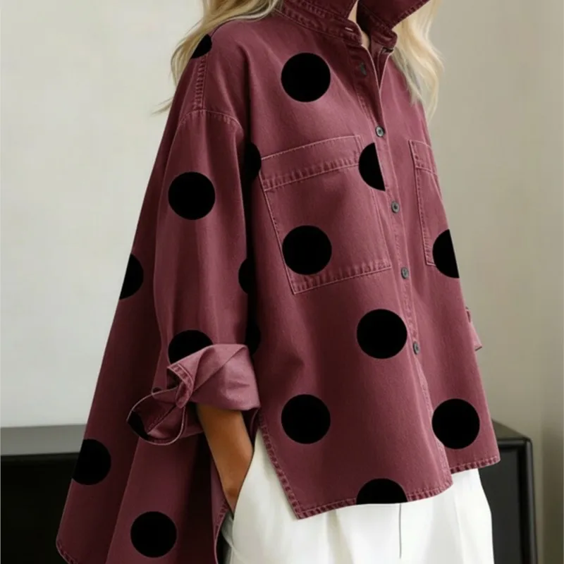 

2026 New Women Vintage Blouses Spring Fall Print Imitation Denim Stand Collar Slit Pockets Casual Tops Women Shirts Streetwear