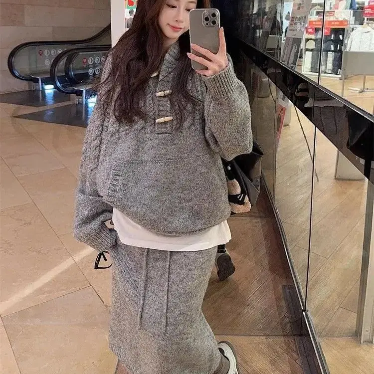 

Korea Two-Piece Autumn Winter New Casual Horn Button Lazy Hooded Pullover Sweater With Knitted Skirt Suit