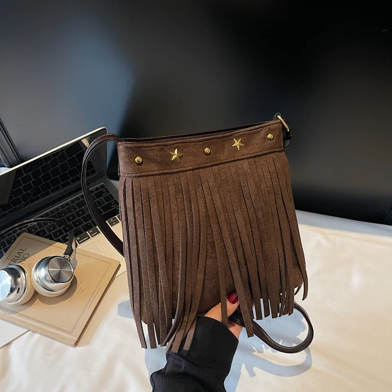 

Сумки через плечо из искусственной замши с кисточками и блестками, большая вместительная этническая сумка 2025, хит продаж, сумки для женщин, осенняя сумка через плечо в стиле ретро