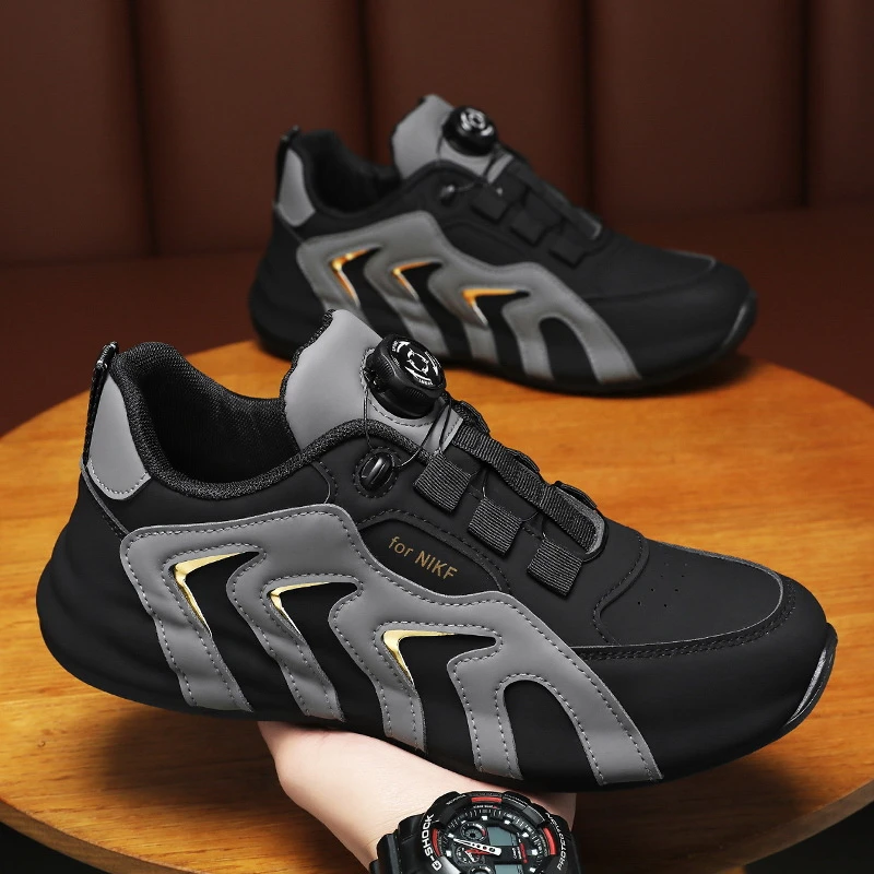 Men'S White And Navy Rotating Buckle Sneakers No Tie Design Breathable Leather Upper Non Slip Thick Sole Casual Athletic Shoes F