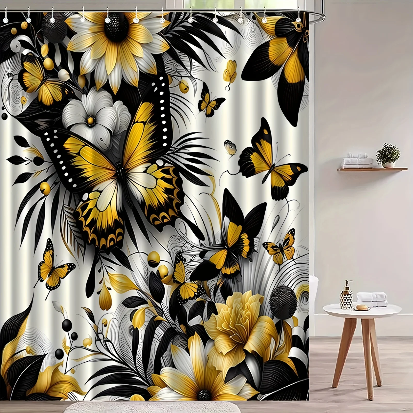 Beautiful Butterfly Print Shower Curtain Machine Washable Bathroom Divider Easy Install Bath Curtains with Hooks Home Decor