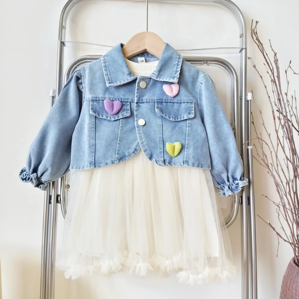 Spring Autumn Girls\' dresses Set: Infant Toddler Mesh Butterfly Bow Dress + Denim Lapel Jacket 2-Piece Ensemble