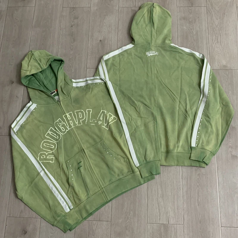Vintage Casual ROUGH PLAY Hoodies Streetwear Hip-hop Tracksuit Fashionable Multi-color Letter Print Striped Pullover