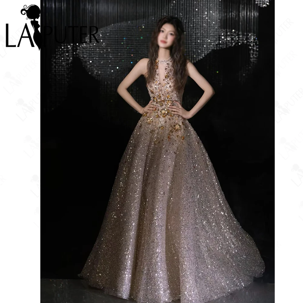 Luxury Gold A line Evening Dress Halter V neck Golden Flowers Decro Girls Prom Gown Backless Shiny Tulle Formal Dress 2026
