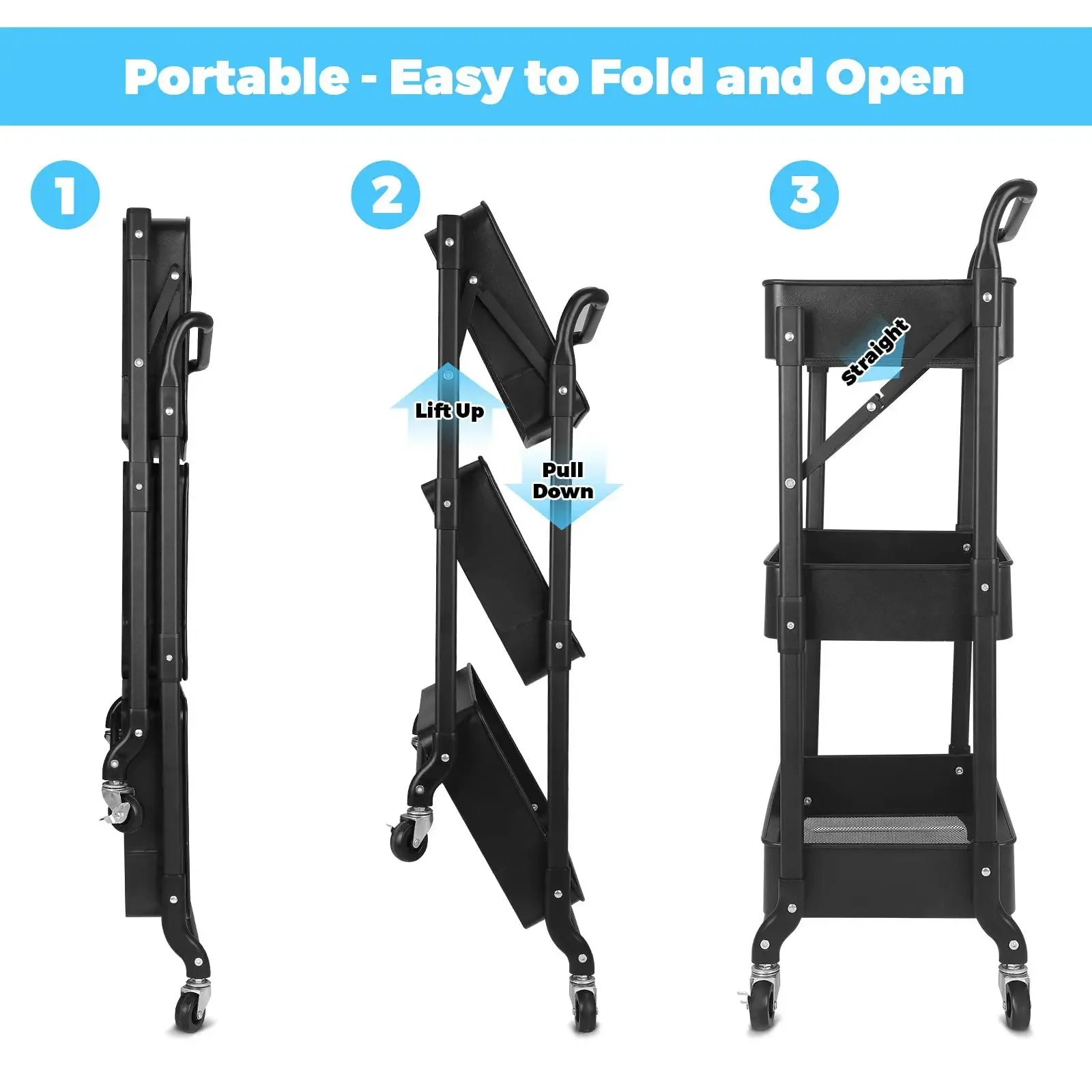 3-Tier Foldable Metal Kitchen Trolley Usage Serving Trolley Shelf on Wheels Foldable Utility Trolley for Kitchen Bathroom Office