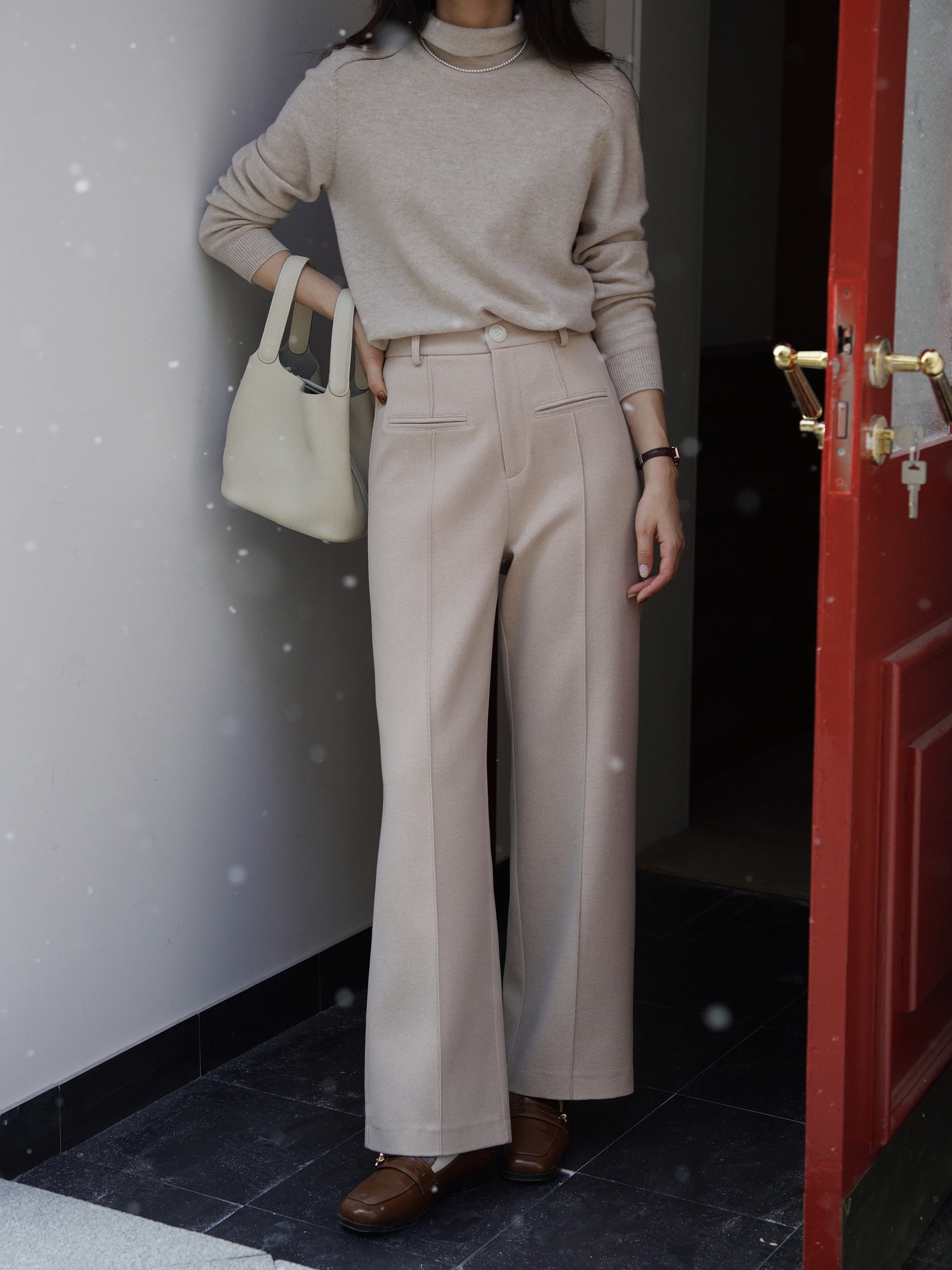 Elegant Wool-Like Wide Leg Pants High Waist Trousers for Women French Style Warm Winter Office Casual Loose Fit Long Pants