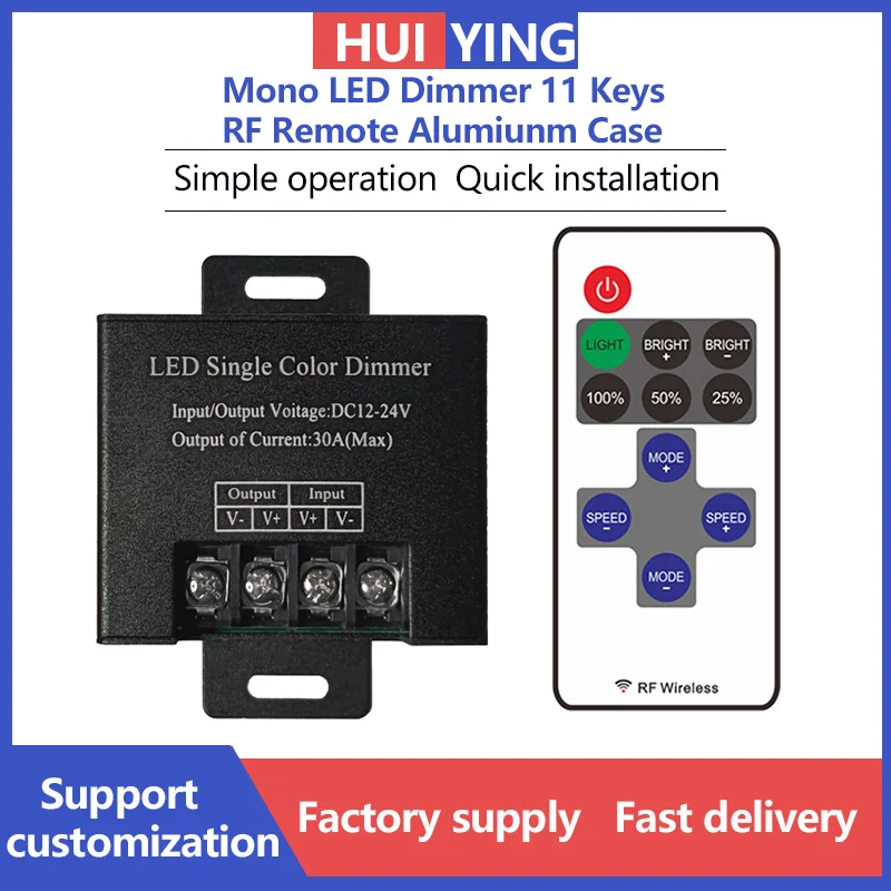 30A Black Aluminum Housed LED Monochrome Dimmer Controller with 11 Keys RF433 Slim Remote for Bar,Outdoor Scene and Commercial