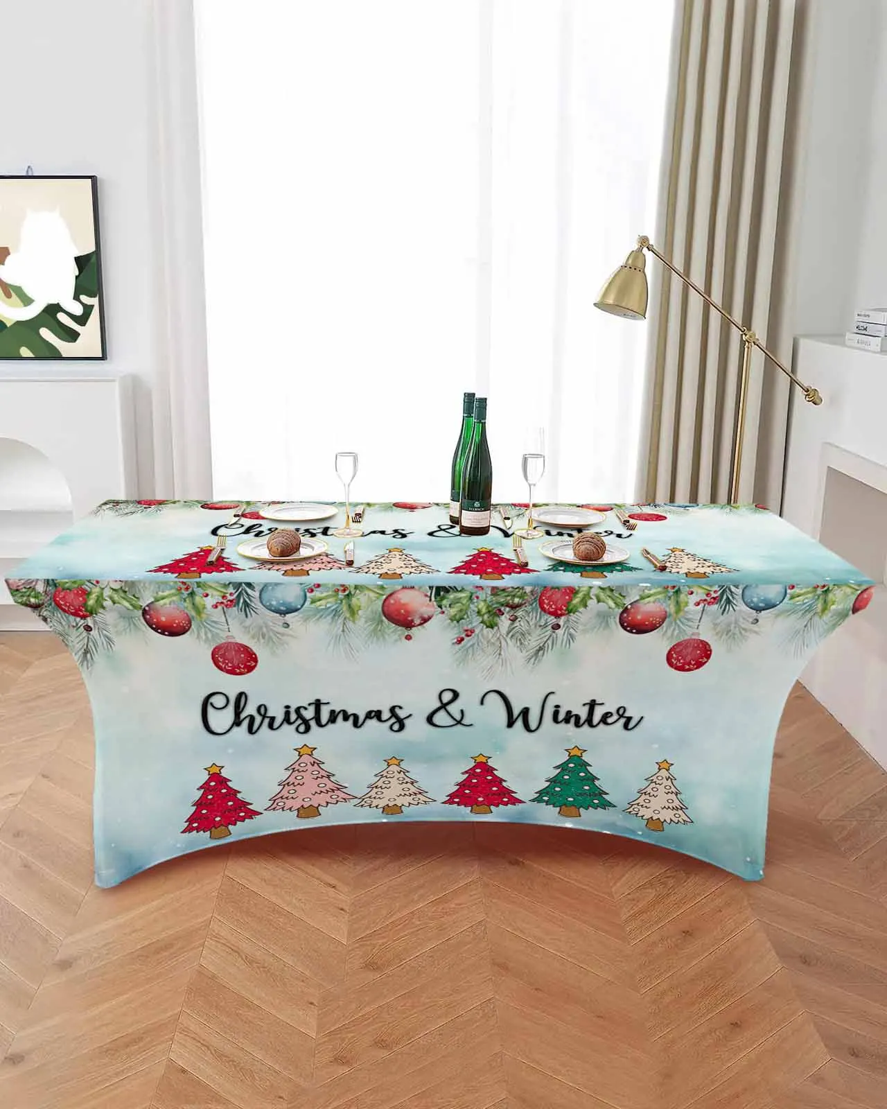 Christmas Snowflake Pine Tree High Stretch Tablecloth Wedding Party Decor Elastic Print Table Cover Outdoor Table Cloth