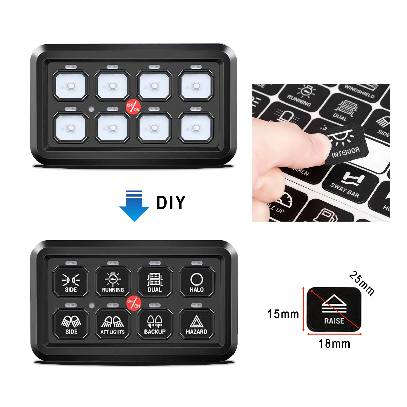 Waterproof Touch Panel Stickers LED Button Switch Labels 15mm x 18mm Marine Boat Truck Decals Decoration Car Panel Accessories