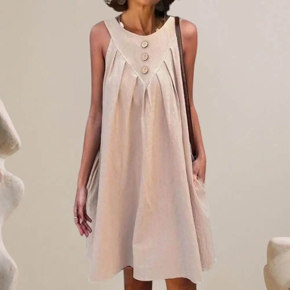 

Sleeveless Long Dress Stylish Sleeveless Midi Dress with Button Detail Side Pockets Women's A-line Summer Sundress for Daily