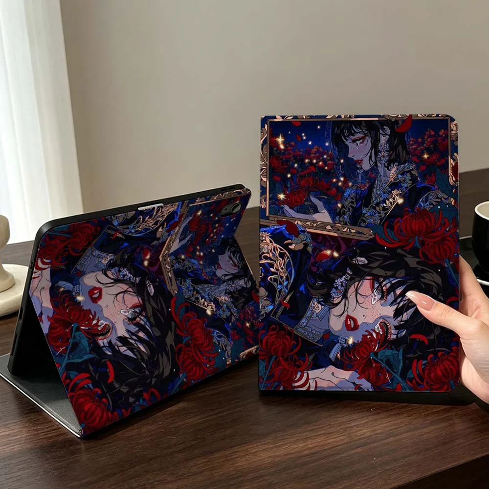 Anime Girl Flower Cat Case For iPad Mini Pro Air 5 6 7 8 9 11 9.7 7.9 10.9 13 12.9 inch Folding Automatic Sleep/Make Tablet