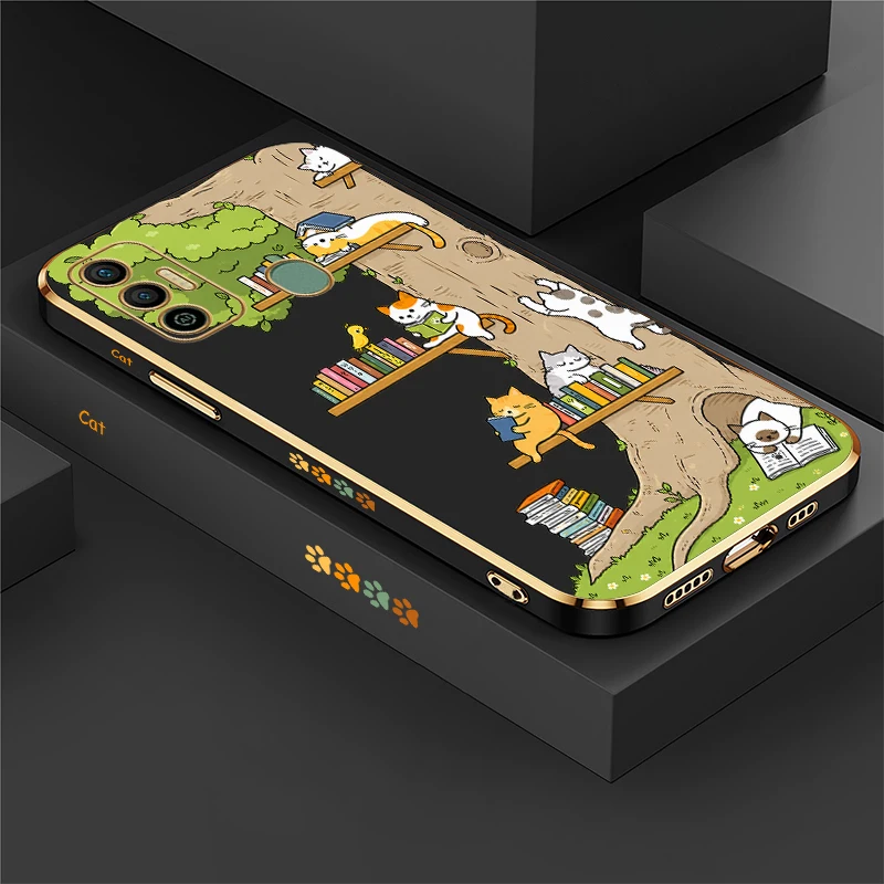 Cute Cat Pattern Phone Case For Tecno Spark 20 Pro 8C 7 Pro 7T 6 Go 1 5Air Silicone Plating Drop Resistant Protective Cover Etui