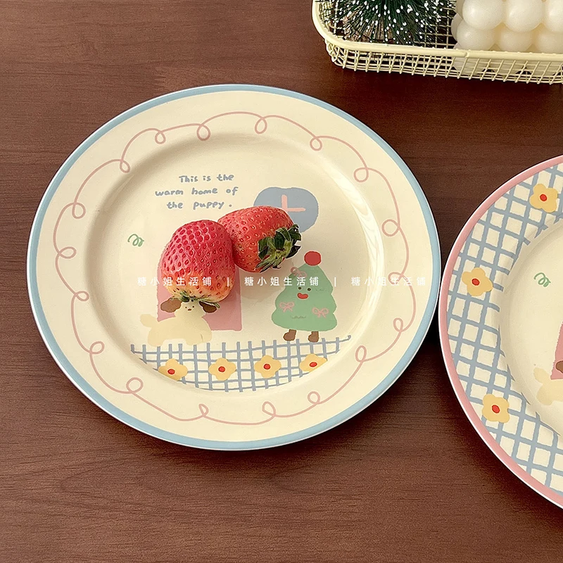 

Милые керамические обеденные тарелки с подглазурной цветной печатью, рождественская клетчатая посуда, сервировочная тарелка в корейском стиле с эффектом пэчворк