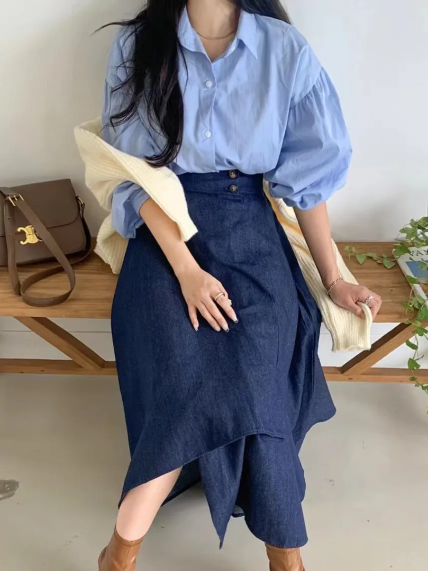 Csa foada e versátil com manga lanterna, saia jeans de aodão irregular de cintura alta para mulheres, top e com...
