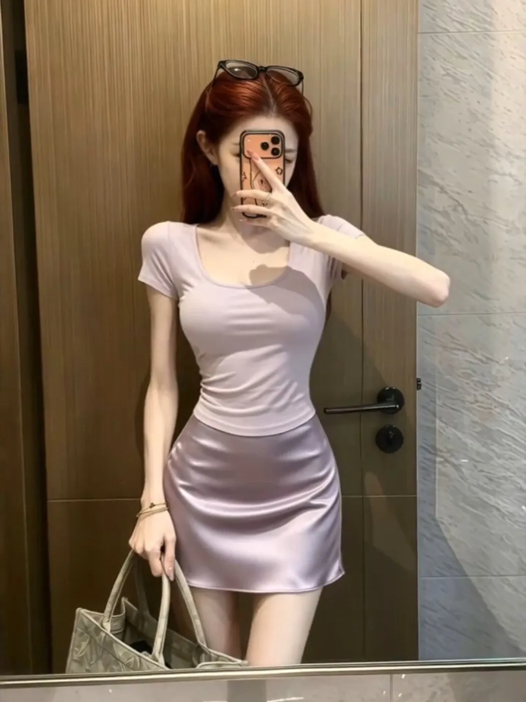 

Unique Beautiful Purple Satin Half Skirt Set Women Summer Slimming Short Sleeve Top High Waist Fashionable Breathable Casual