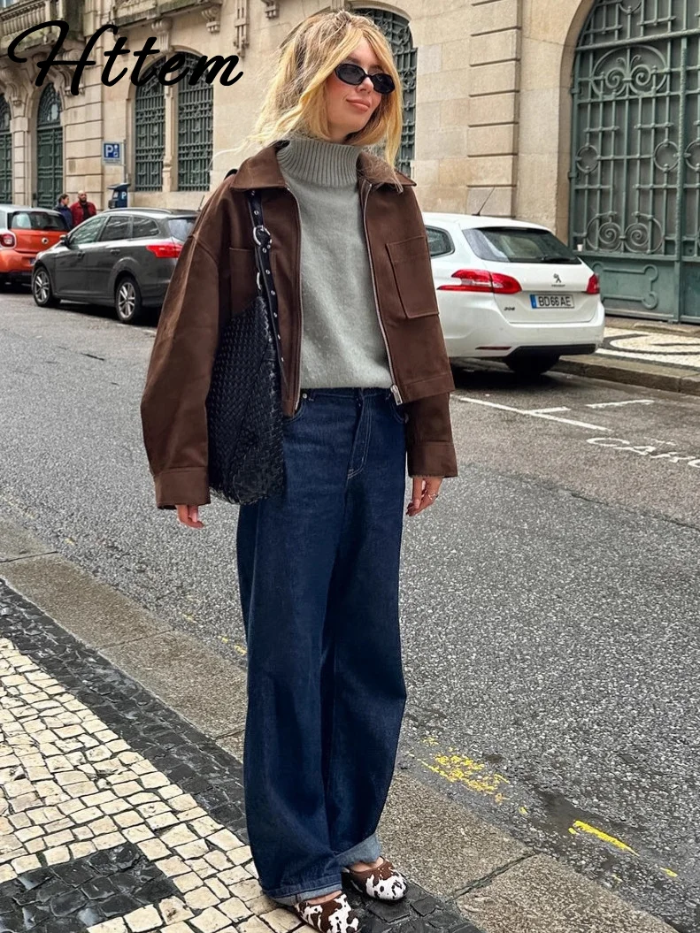 

Замшевые короткие пальто в стиле ретро, женские куртки с длинным рукавом на молнии и отложным воротником, карманные куртки, осень 2021, модная женская уличная верхняя одежда для женщин