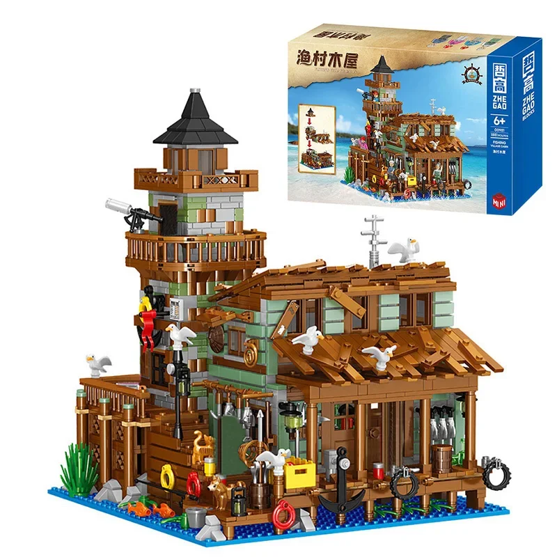 Micro Fisherman Cabin Wharf bloques de construcción modelo de casa de madera, vista de la calle, pueblo de pesca, ladrillos, ensamblar, juguete, regalo para niños