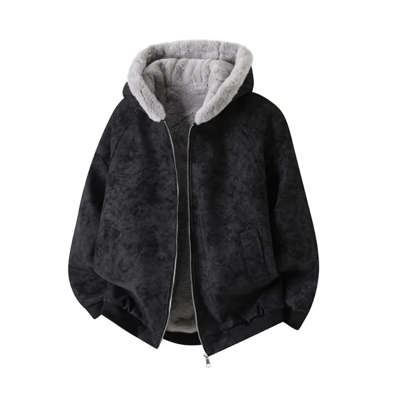 

Trendy Fashionable New Thick Velvet Winter Solid Color Hooded Fur Collar Men's Casual Loose Warm Jacket Outdoor Windproof Coat