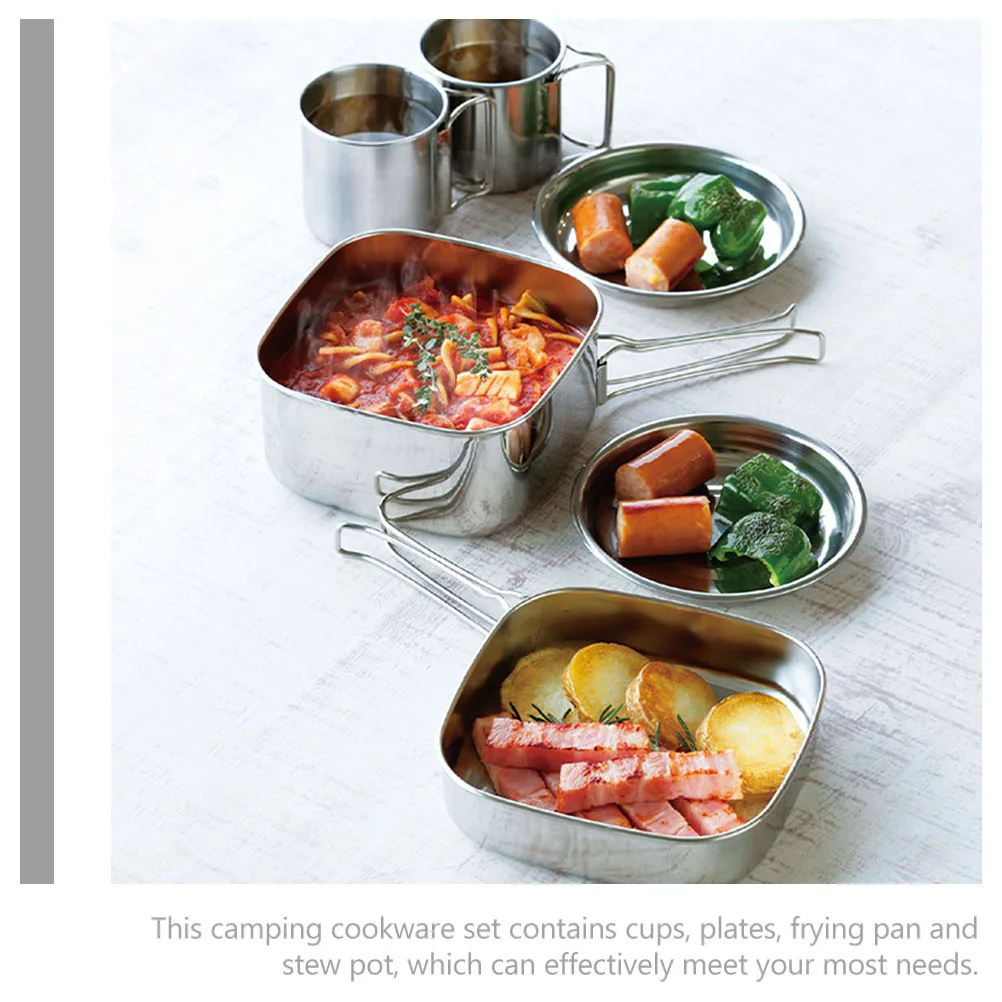 

1 Set Stainless Steel Camping Cookware Set Lightweight Durable Outdoor Picnic Pot Portable Cooking Gear Hiking Tableware Kit
