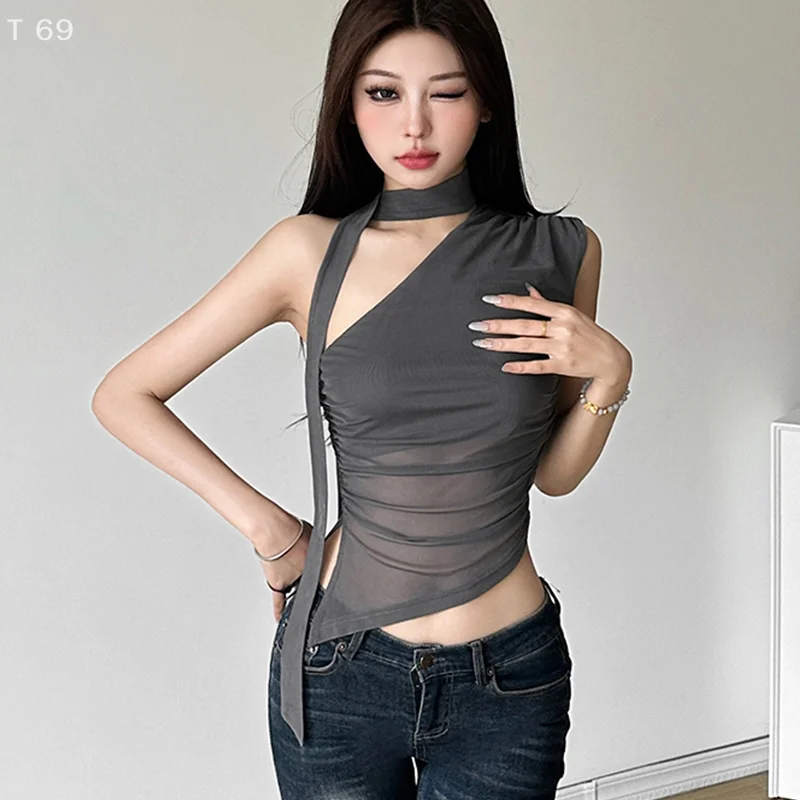 

Women With Pleats Slimming And Slightly Translucent Spicy Top French Chic Style Retro Sloping Shoulder Irregular Sleeveless Vest