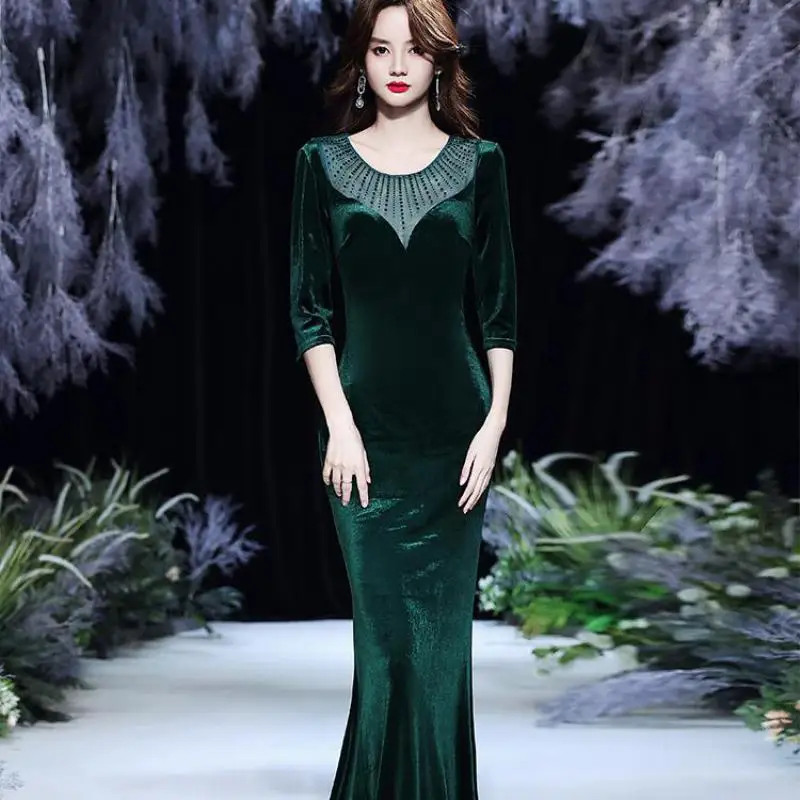 

Velour Women Celebrity Banquet Dress Elegant Women Half Sleeve Mermaid Maxi Dress Evening Party Dress Temperament Robe De Soiree