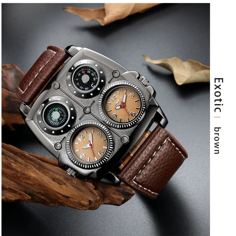 Men's Watches Two Time Zone Army Pilot Watch Big Dial Military Quartz Clock Male Leather Strap Wristwatch Relogio Masculino gift