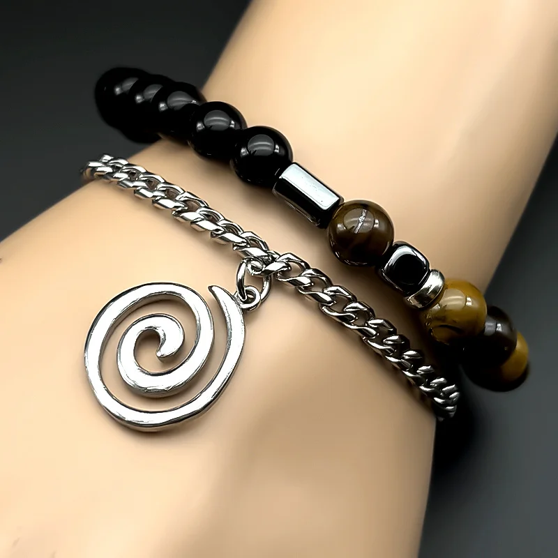 Stainless Steel Trendy Spiral Bracelet for Women Men Silver Color Aesthetic Tiger Eye Stone Vortex Hand Chain Charm Jewelry