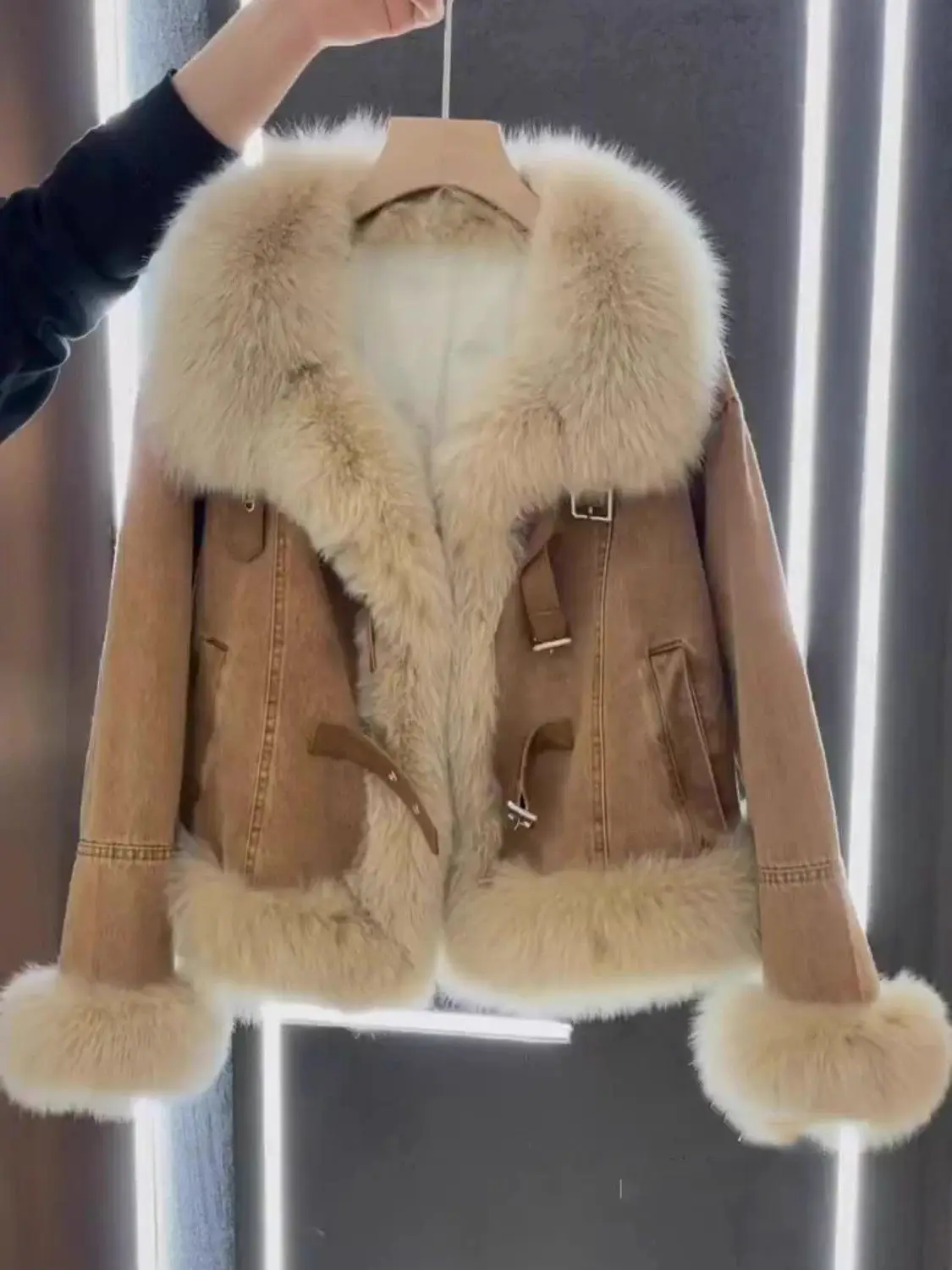 데님 코트 여성 오버사이즈 퍼 플러시 여성 가을 박시 컷 미니멀리스트 스트리트 트렌드 어반 오피스 패치워크 코듀로이 스탠드넥 OL