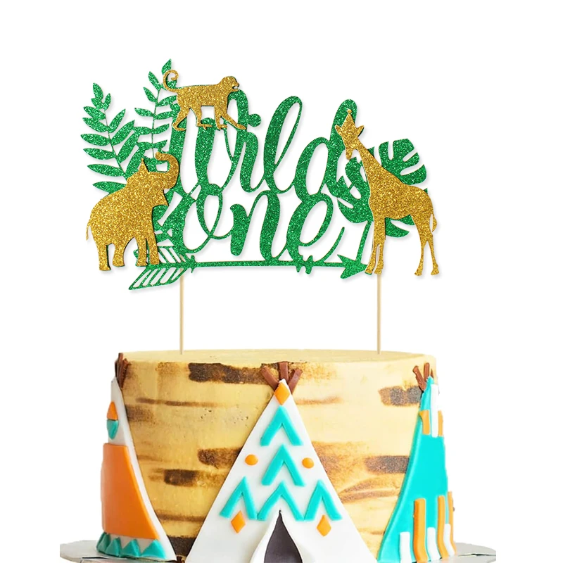 3pcs Animal Jungle Theme Wild One Cake Sticker Birthday Party Set, One Wild Year Flag Pulling Birthday Party Decoration Supplies