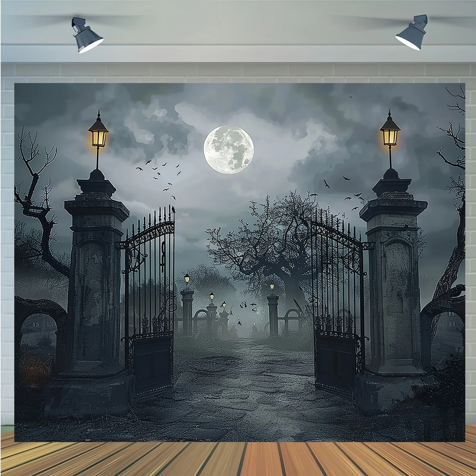 Halloween Background Banner - Ghost Cemetery with Full Moon and Bare Trees