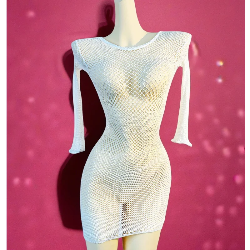 1 peça mulheres arrastão cobrir sem biquíni lingerie sexy transparente oco vestido bodycon manga comprida roupa de praia qq609