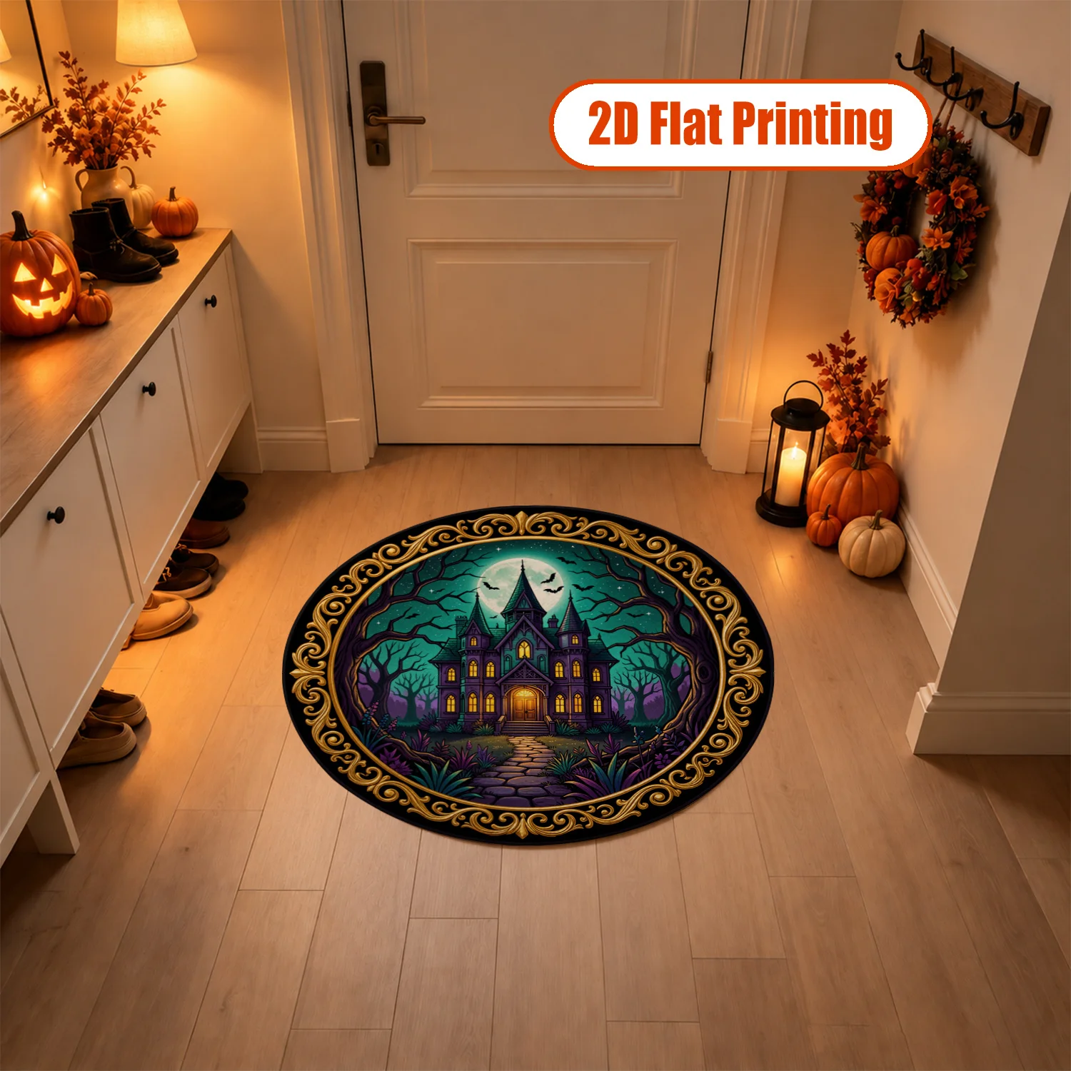 Haunted Mansion Full Moon Bat Pattern Round Velvet Doormat, Machine Washable Soft Floor Mat for Front Door Entryway Patio Living Room, Perfect for Halloween Thanksgiving Christmas New Year Black Friday Home Decor