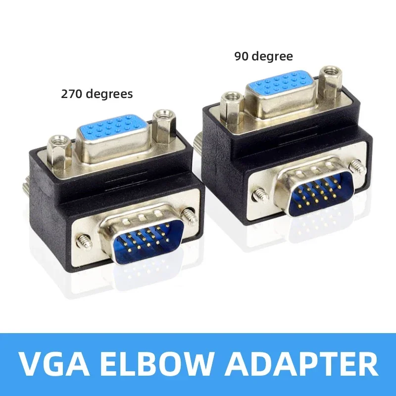 VGA Adapter 90/270 Degree Right Angle Elbow VGA 3+9 Male to Female Plug Industrial 270 Degree 15 Pin Connector for Computer